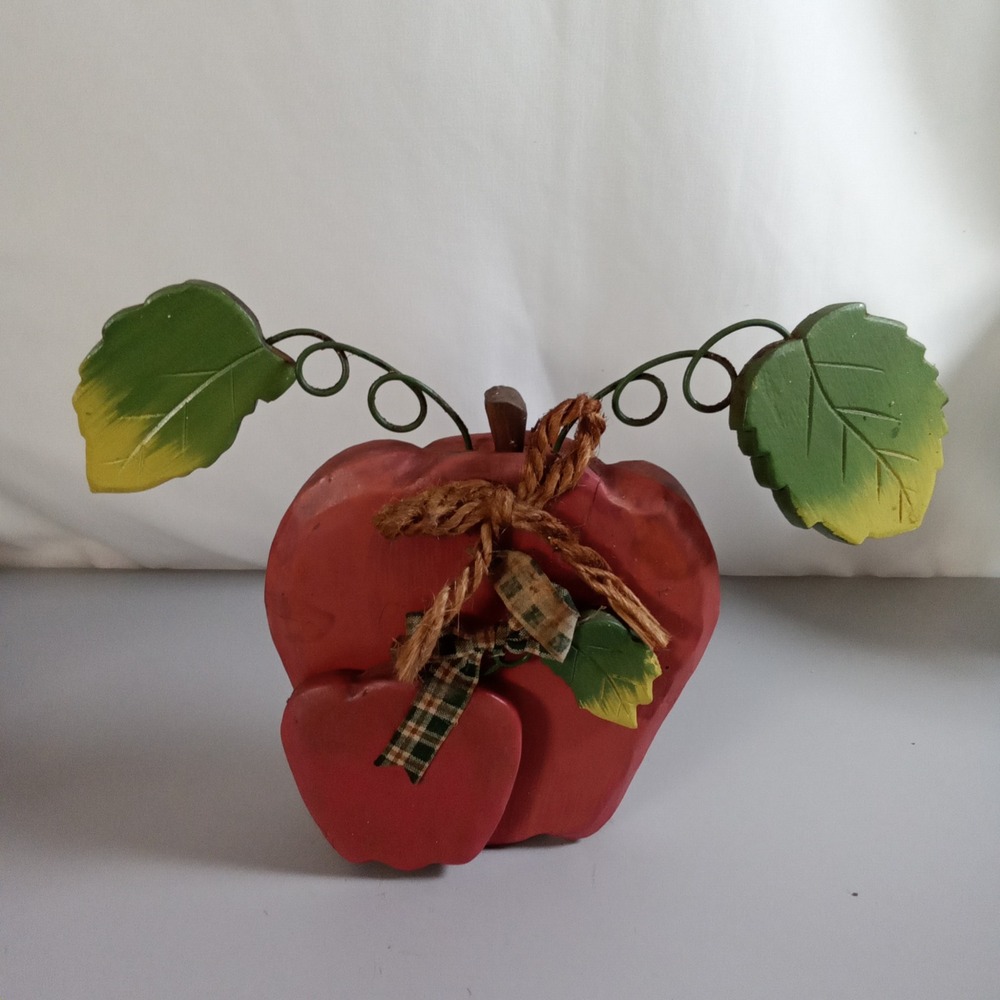 Rustic Wooden Double Apple Figurine Plaid Ribbon Jute Bow Farmhouse Decor 9.5in